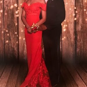 Red Mermaid style off the shoulder prom dress